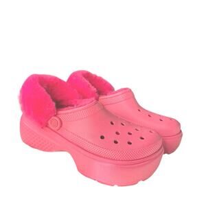 Crocs Stomp Lined Clogs Hyper Pink Fuzzy Slip On Chunky Comfort Shoe Womens 11